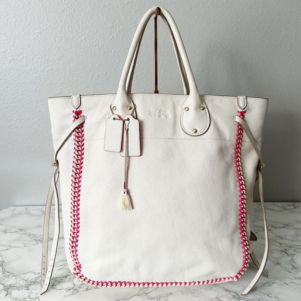 Coach Tatum Tall Ivory Leather Tote Bag Pink Spiral Whipstitch Detail Statement